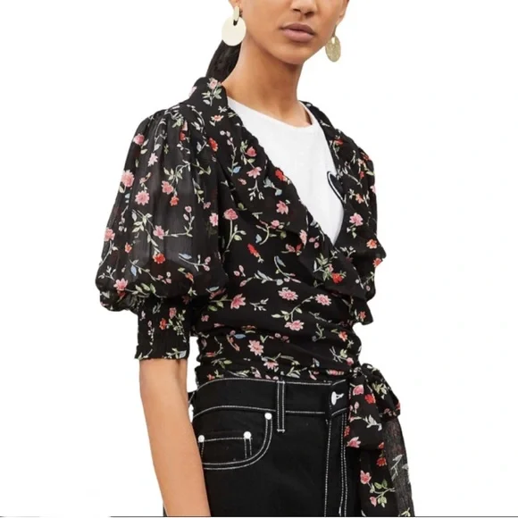 Ganni Paradise Elm Floral Georgette Wrap Top Surplus Wrap Top Small NEW - Picture 2 of 16